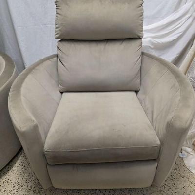 Sale Photo Thumbnail #336: Pair of modern gray microsuede swivel recliners. The recliners have curved armrests, and the light gray velvety fabric feels very elegant.  Each recliner has minor blemishes; most seem superficial dirty spots that could be easily cleaned, but please zoom 