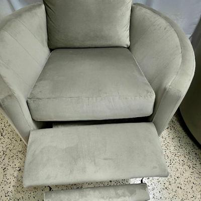 Sale Photo Thumbnail #343: Pair of modern gray microsuede swivel recliners. The recliners have curved armrests, and the light gray velvety fabric feels very elegant.  Each recliner has minor blemishes; most seem superficial dirty spots that could be easily cleaned, but please zoom 
