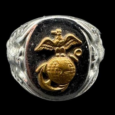 Sale Photo Thumbnail #793: **WIRE TRANSFER IS REQUIRED IF SHIPPED.** [47.71g] Includes two mid-century modern rings, a USMC gent’s ring, a cuff, and a bangle (safety chain needs to be repaired). Total of five pieces. Silver content confirmed using Niton XRF precious metals analyz