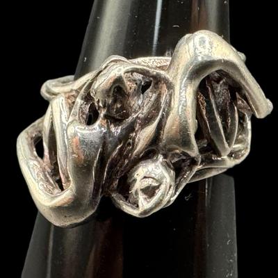 Sale Photo Thumbnail #795: **WIRE TRANSFER IS REQUIRED IF SHIPPED.** [47.71g] Includes two mid-century modern rings, a USMC gent’s ring, a cuff, and a bangle (safety chain needs to be repaired). Total of five pieces. Silver content confirmed using Niton XRF precious metals analyz