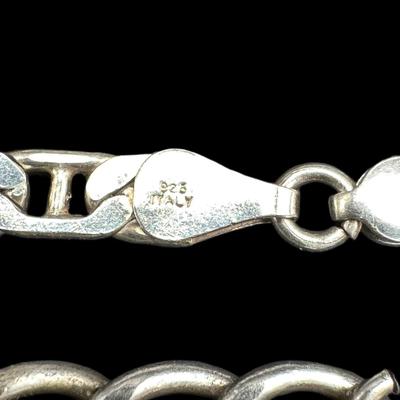 Sale Photo Thumbnail #798: **WIRE TRANSFER IS REQUIRED IF SHIPPED.** [67.94g] Includes a charm bracelet, and three various style curb link bracelets. The clasps are intact. Age related wear. Measurement of longest: 8”. Silver content confirmed using Niton XRF precious metals anal