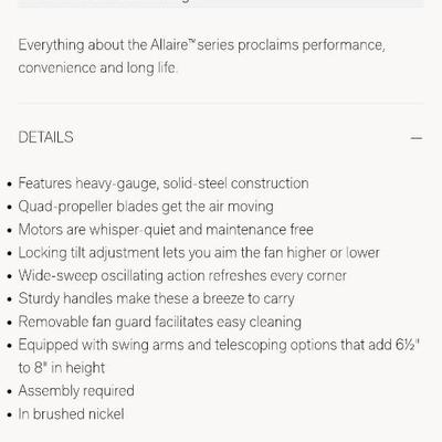 Sale Photo Thumbnail #363: Allaire Telescoping Floor Fan by Restoration Hardware. Very clean, barely used. Please see advertisement photo for specifications. Retails for $300+