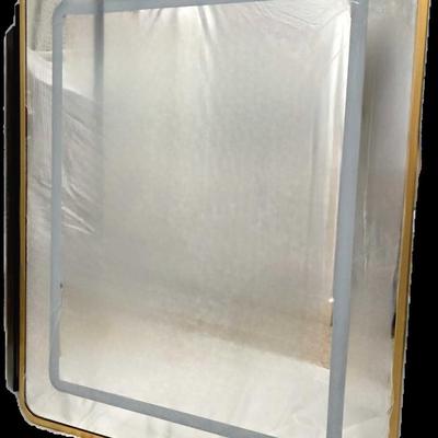 Sale Photo Thumbnail #364: Gold medicine cabinet #2 with 3 color temperature dimmable light mirror. Can be recessed or surface mounted. It measures 24"W x 30"H. "Brand new in original packaging. **Advertising photo used to show better what it looks like without the protective clear