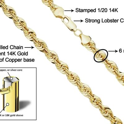 Solid 14k Yellow Gold Filled Rope Chain Necklace (6 mm, 18 inch)