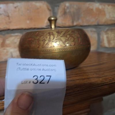 Sale Photo Thumbnail #1366: Antique India hand chased brass ceremony incense burner with ornate lid