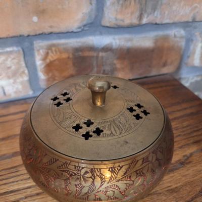 Sale Photo Thumbnail #1368: Antique India hand chased brass ceremony incense burner with ornate lid