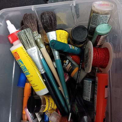 SEWING/CRAFT BOX, PAINT BRUSHES, PAINT AND OTHER CRAFT ITEMS