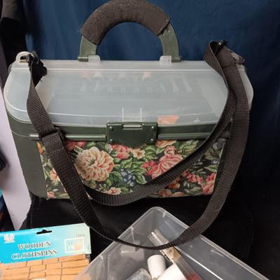 SEWING/CRAFT BOX, PAINT BRUSHES, PAINT AND OTHER CRAFT ITEMS