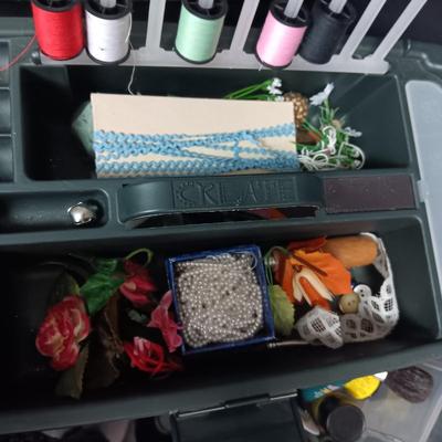 SEWING/CRAFT BOX, PAINT BRUSHES, PAINT AND OTHER CRAFT ITEMS