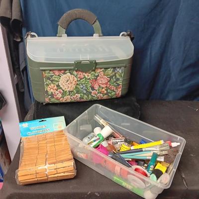 SEWING/CRAFT BOX, PAINT BRUSHES, PAINT AND OTHER CRAFT ITEMS