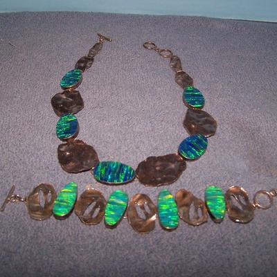 LOT 42 GRAND STERLING & OPAL NECKLACE & BRACELET