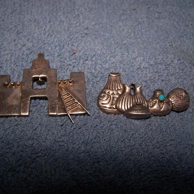 LOT 44 WONDERFUL STERLING NATIVE AMERICAN PINS-- POTS WITH TURQUOISE & PUEBLO
