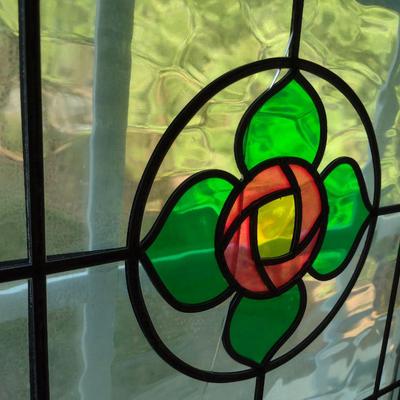 Decorative Stained Glass Panel in Wood Frame- Approx 19 1/2" x 20 1/4"