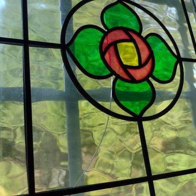 Decorative Stained Glass Panel in Wood Frame- Approx 19 1/2" x 20 1/4"