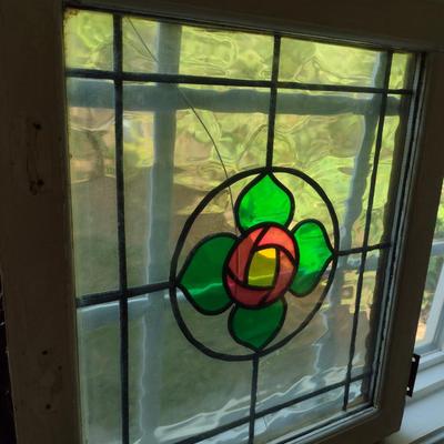 Decorative Stained Glass Panel in Wood Frame- Approx 19 1/2" x 20 1/4"