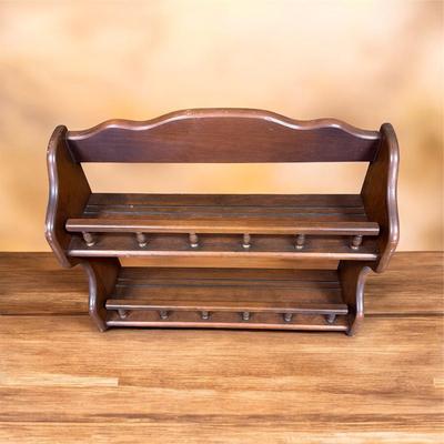 Sale Photo Thumbnail #29: Vintage Wall Mounted Two Tier Wooden Display Rack with Plate Railing and Grooves.  Crafted of solid wood and made in Asheville, NC by Three Mountaineers
Approximately 20.5" /wide X 199" Tall