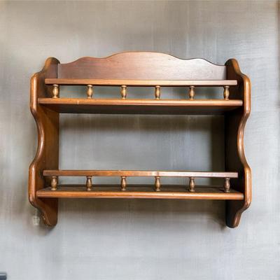 Sale Photo Thumbnail #30: Vintage Wall Mounted Two Tier Wooden Display Rack with Plate Railing and Grooves.  Crafted of solid wood and made in Asheville, NC by Three Mountaineers
Approximately 20.5" /wide X 199" Tall