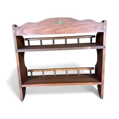 Sale Photo Thumbnail #28: Vintage Wall Mounted Two Tier Wooden Display Rack with Plate Railing and Grooves.  Crafted of solid wood and made in Asheville, NC by Three Mountaineers
Approximately 20.5" /wide X 199" Tall