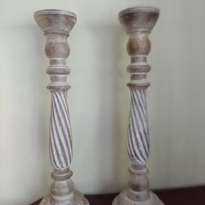 Pair of Tall, Carved Wooden Candle Holders- Approx 24 1/2" Tall