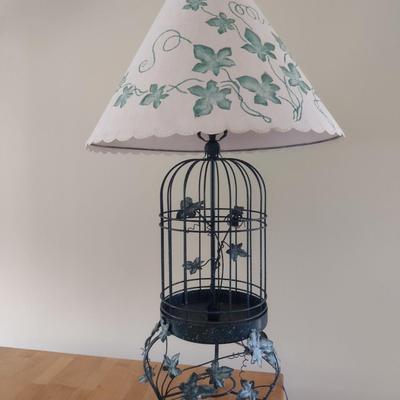 Metal Bird Cage Design Lamp with Pierced Ivy Theme Paper Shade- Approx 37" Tall
