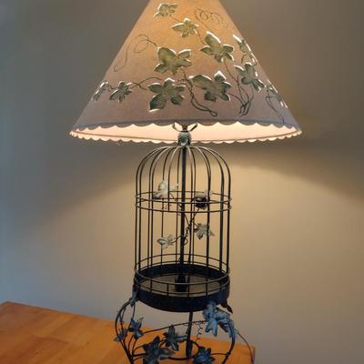 Metal Bird Cage Design Lamp with Pierced Ivy Theme Paper Shade- Approx 37" Tall