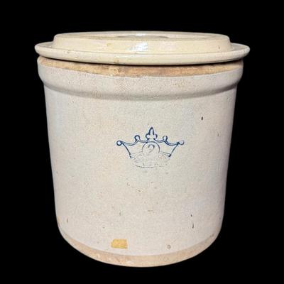 Sale Photo Thumbnail #805: Two gallon capacity (#2). No obvious cracks. The logo has wear. The lid may not be original to the crock. [AG]