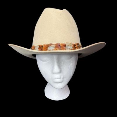 Sale Photo Thumbnail #815: Retailed by Parker’s of Reno, Nevada. This hat has a multi-colored feather hat band. Age related wear. Size 7.5. [CS]