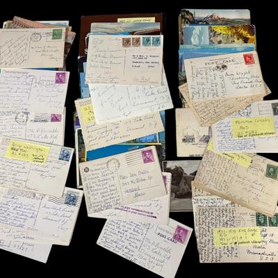 Sale Photo Thumbnail #823: Includes hundreds of postcards. Some are used, with vintage stamps. [CS]