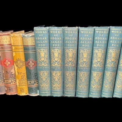 Sale Photo Thumbnail #824: Includes the Works of Edgar Allen Poe (eight books); and a series by Louisa M. Alcott (Little Women, Little Men, Jo’s Boys, Under the Lilacs, and Rose in Bloom). Total of 13 books. Age related wear. [CS]