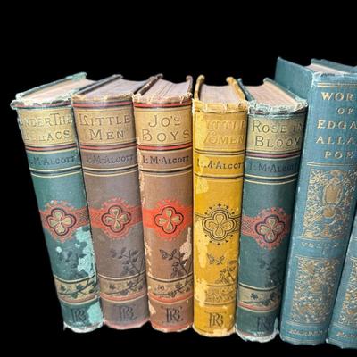 Sale Photo Thumbnail #826: Includes the Works of Edgar Allen Poe (eight books); and a series by Louisa M. Alcott (Little Women, Little Men, Jo’s Boys, Under the Lilacs, and Rose in Bloom). Total of 13 books. Age related wear. [CS]