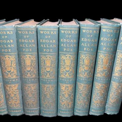 Sale Photo Thumbnail #825: Includes the Works of Edgar Allen Poe (eight books); and a series by Louisa M. Alcott (Little Women, Little Men, Jo’s Boys, Under the Lilacs, and Rose in Bloom). Total of 13 books. Age related wear. [CS]
