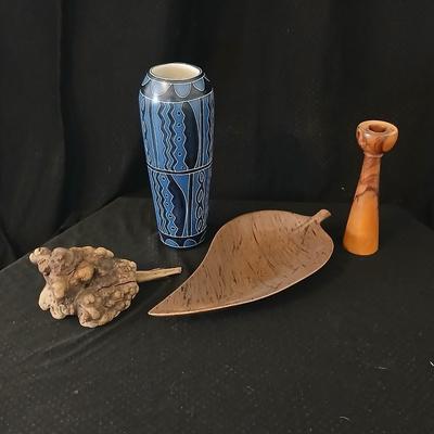 African soapstone tribal vase with ceramic leaf - handcrafted wooden candle holder and a unique piece of burl wood