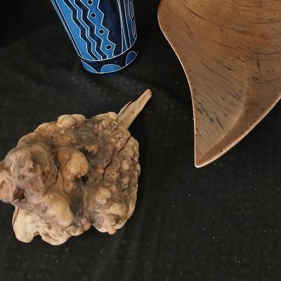 African soapstone tribal vase with ceramic leaf - handcrafted wooden candle holder and a unique piece of burl wood