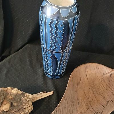 African soapstone tribal vase with ceramic leaf - handcrafted wooden candle holder and a unique piece of burl wood