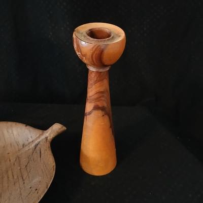 African soapstone tribal vase with ceramic leaf - handcrafted wooden candle holder and a unique piece of burl wood