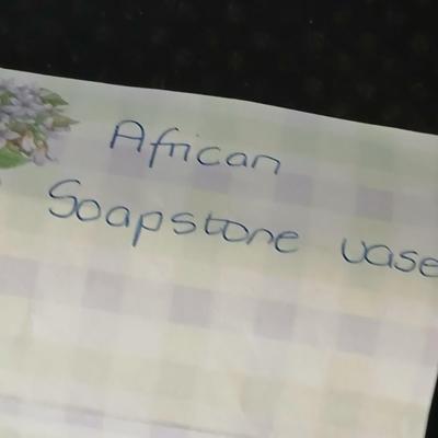 African soapstone tribal vase with ceramic leaf - handcrafted wooden candle holder and a unique piece of burl wood