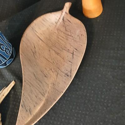 African soapstone tribal vase with ceramic leaf - handcrafted wooden candle holder and a unique piece of burl wood