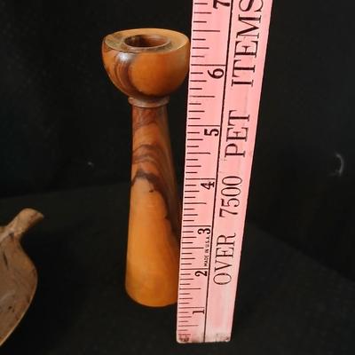 African soapstone tribal vase with ceramic leaf - handcrafted wooden candle holder and a unique piece of burl wood