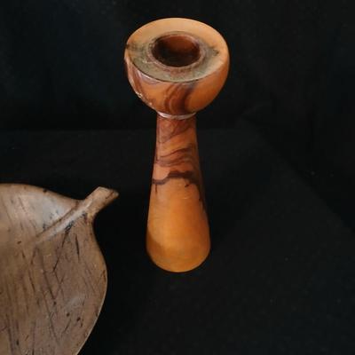 African soapstone tribal vase with ceramic leaf - handcrafted wooden candle holder and a unique piece of burl wood
