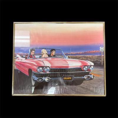 Sale Photo Thumbnail #38: Framed Print titled "Dreamin" By Michael Swanson.  It depicts Elvis Presley, Marilyn Monroe and James Dean in a 1959 Pink Cadillac Eldorado Convertible cruising along Route 66 at sunset
Approximately 16"x20"