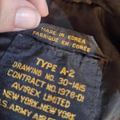 Sale Photo Thumbnail #1615: authentic military leather jacket from an estate of retired Air Force Veteran. Y ou'll find these on ebay for $200+   it has been worn a lot and there are some damage to the non leather areas like the cuffs and waist but overall it is a great vintage find