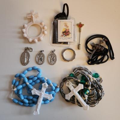Sale Photo Thumbnail #350: This auction lot is for a Gathering of Religious Items.  Included are medals, finger rosaries, scapulars, cross pins and two mission-style rosaries.