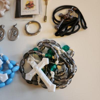 Sale Photo Thumbnail #353: This auction lot is for a Gathering of Religious Items.  Included are medals, finger rosaries, scapulars, cross pins and two mission-style rosaries.