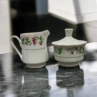 Sale Photo Thumbnail #21: Gibson Christmas Charm Porcelain Creamer and Covered Sugar Bowl Set.  The pattern is part of the Christmas Charm Delight Holiday Harmony Collection