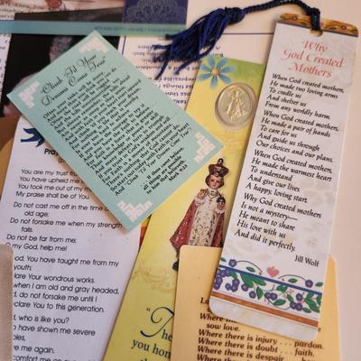 Sale Photo Thumbnail #373: This auction lot is for a collection of Religious Ephemera and Three Rosaries. Contains bookmarks, prayer cards and other interesting printed media reflecting Christian culture. Plus three nice rosaries still in the original wrapping.