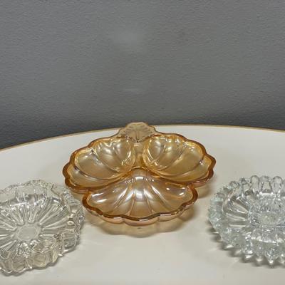Marigold clover dish and clear glass