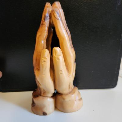 Sale Photo Thumbnail #382: This auction lot is for a Carved Wood Praying Hand Statue. Interesting and quite dimensional. Appears to be carved from cedar wood.
