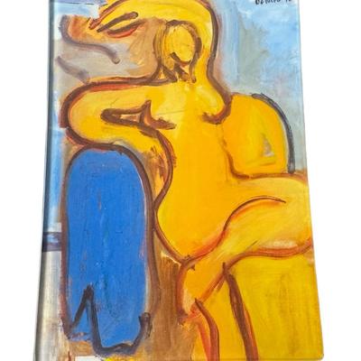 Sale Photo Thumbnail #885: Includes a carved jade fisherman, a Noah cow bell, a Robert De Niro signed painting, a Kaas Glassworks trinket dish, and more. Total of five pieces. Measurement of largest: 12”L. [CS]