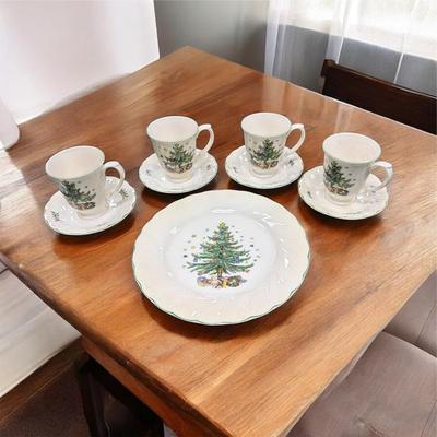 Sale Photo Thumbnail #26: Nikko Happy Holidays Christmas Tree Footed Cups, Saucers and Large Plate.  4 large cups, one small cup, four saucers and one dinner plate.
Made in Japan.