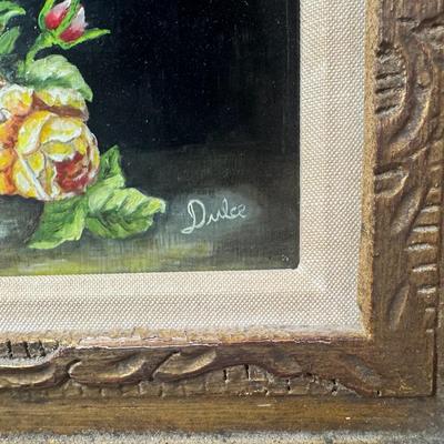 Sale Photo Thumbnail #894: This is believed to be a Dulce Hernandez Beatriz (Cuban) still life. It is painted on board, and has a gilded gesso frame. There is age related wear. Measurement: 19” x 13”. [CS]